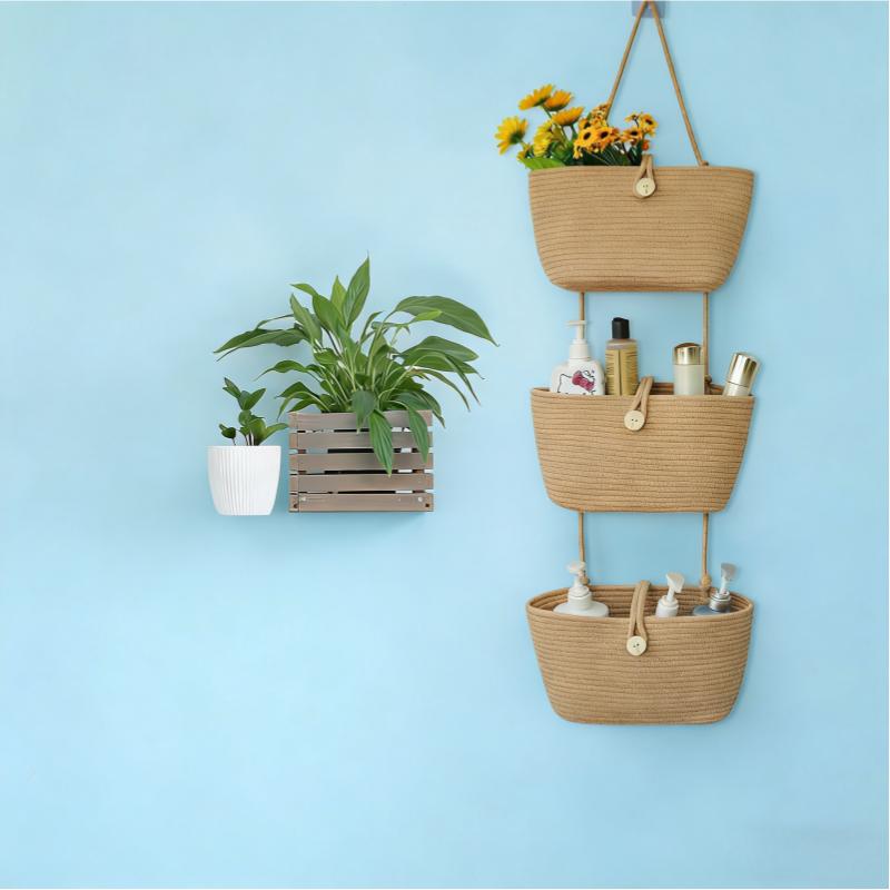 Over the Door Hanging Baskets with Wooden Button, 3-Tier Woven Cotton Storage Organizer Bag, Wall-Mounted with Hook Decorative Hanging Nursery Baskets, Jute