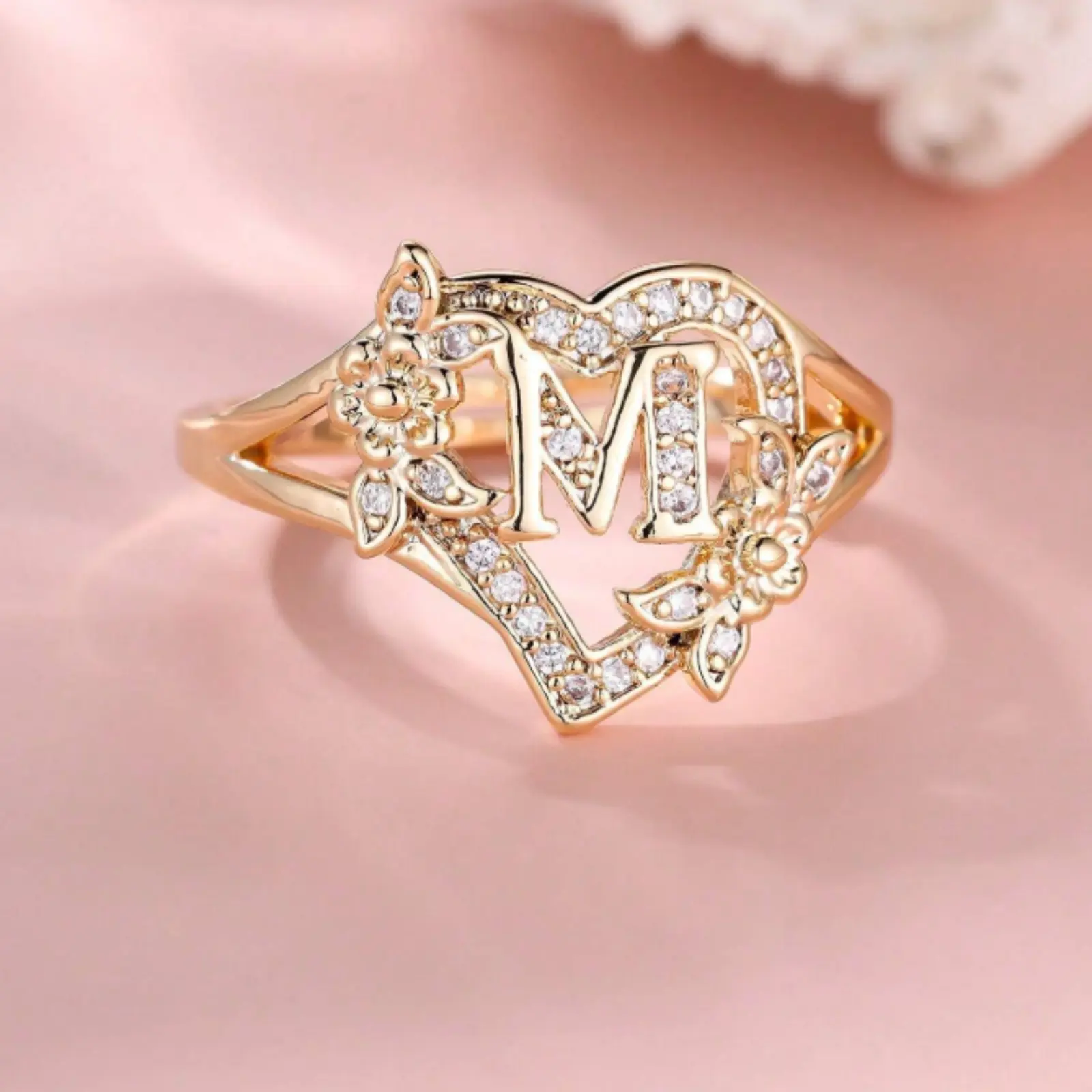 Gold-plated heart-shaped ring with engraved initial for women | Adjustable open ring with CZ stones and letters A-Z | Personalized everyday jewelry gift