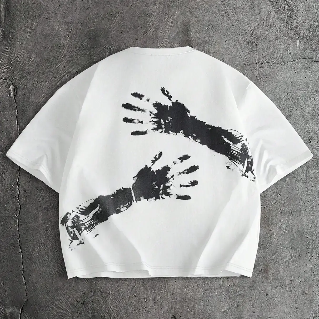 Men's White Cropped Oversized Short-Sleeve Graphic T-Shirt - Black Handprint Print Crew Neck, Medium Length, Machine Washable Casual Streetwear Top for Daily Outfits (Good Graphic Tees)