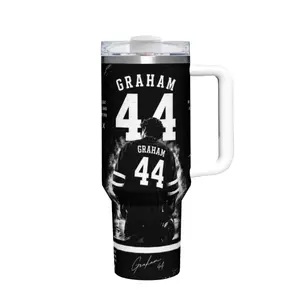 Dark Grunge Ice Hockey Tumbler with Monochrome Smoke Fire Design and Athlete Number Graphic, Insulated Travel Mug with Anti-Slip Handle for Hockey Fans and Daily Commute
