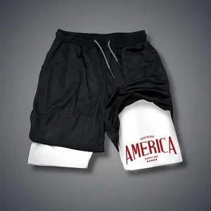 USA 250th Anniversary 80s 90s Double-Layer Sports Shorts Graphic Shorts Black Camo Streetwear Shorts Men Outfits Men Vacation Outfits Shorts