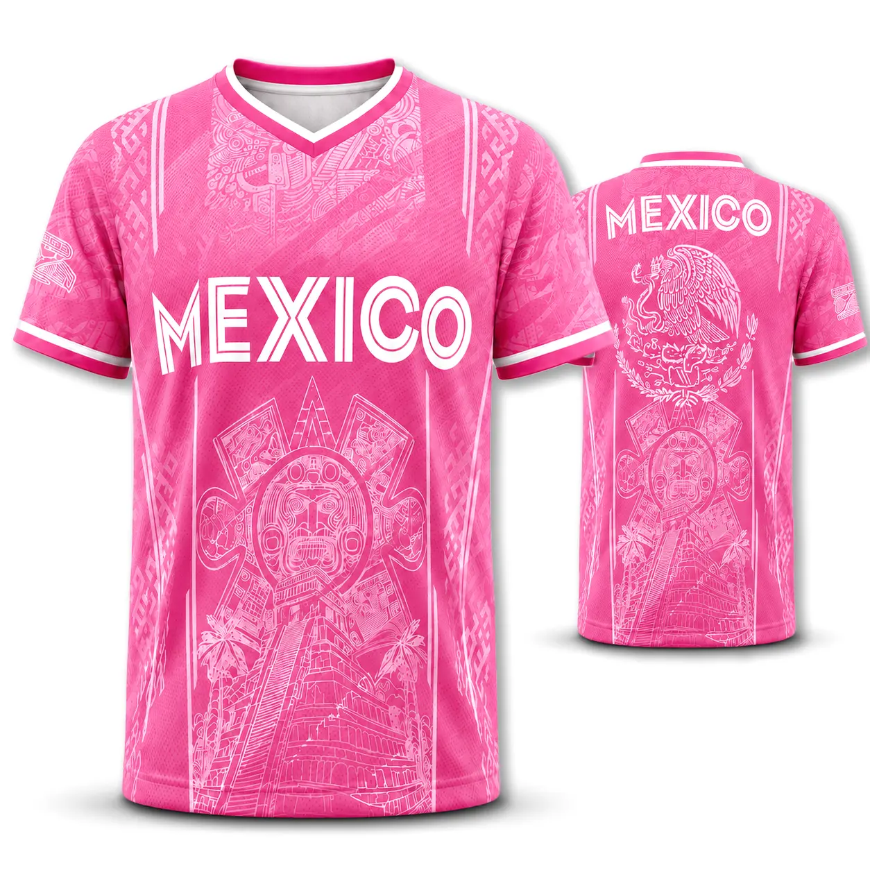 Men's Blush Pink Aztec Graphic Tshirt - V-Neck Streetwear with Snake & Eagle Design, Breathable & Lightweight, Shortsleeve