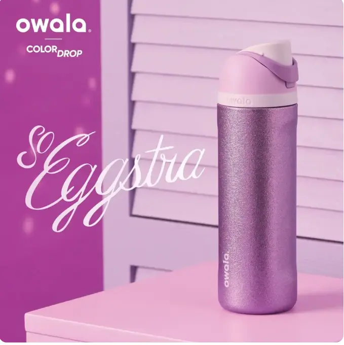 Owala So Eggstra Limited Edition FreeSip Water Bottle - 24/32oz Vacuum Insulated Stainless Steel Flask, Aesthetic Glitter Purple Color Drop, Insulated Travel Drinkware for Gym, Vacuum Insulated Flask