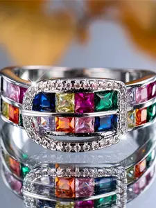 Luxury Female Small Rainbow Zirconia Stone Finger Ring Vintage Silver Color Wedding Band Stackable Engagement Ring Bridal Jewelry For Women