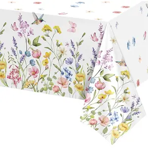 2D Flat Party Tablecloth 1pc, Wildflower Pattern Polyester, Spring Tea Party, Butterfly Floral Porcelain, Wedding Birthday Garden Decor