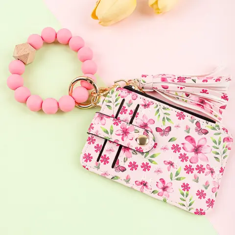Boho Floral Keychain Wristlet, Beaded Silicone Keychain with Tassel, Portable Card Holder & Coin Purse, Perfect Gift for Her/mother's Day/graduation, Keyring