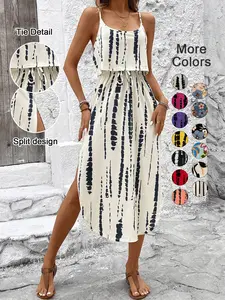 Women's Summer Tie-Dye Sleeveless Dress, Split Thigh Fitted Long Dress, Casual Vacation, Multicolor Floral Print