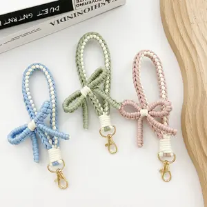 Bowknot Keychain Handmade Hand Woven Phone Lanyard Wrist Strap Keyring Portable Anti-lost Rope Car Key Charm Pendant Gift