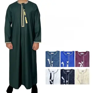 Men's Omani Thobe - Saudi Arabian Long Sleeve Robe with Embroidered Round Neck & Thick Tassel Trim, Solid Color Casual Wear, 100% Polyester, 4 Colors (Green, Navy, Maroon, Beige)