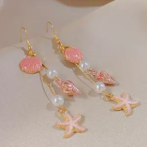 Ocean Style Holiday Earrings Summer Sweet Starfish Long Pearl Earrings Pink Shell Eardrops Female Ear Jewelry