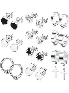 10 Pairs Men's Stainless Steel Black Stud Earrings Multi-Style Men's Zircon Small Hoop Earrings for Men Women Ear Studs