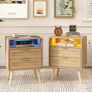 Vabches Rattan Nightstand With Charging Station USB Port LED Lights 2 Storage Drawers Modern End Table Bohemian Bedside Cabinet 13.78"D x 17.72"W x 23.62"H