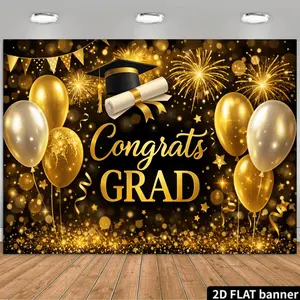 2D Flat Black Golden Starlight Graduation Theme Backdrop, Featuring "Congrats GRAD" Lettering, Graduation Cap, Scroll, Black Golden Balloons, Golden Gift Box, Golden Stars And Triangular Banners, Background Golden Shimmer