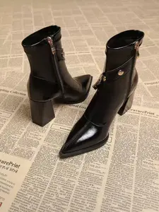 Vintage Pointed Toe Short Boots for Women, Fall Winter Thick Sole High Heel Elastic Boot, Slimming Zipper British Style Boot