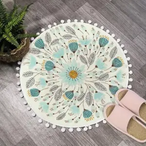 Small Round Rug 2 Circle Cute Bath Mat with Pom Poms Fringe Floral Plant Washable Bathroom Rugs Soft NonSlip Circular Throw Rug Carpet for Shower Sink Powder Room Nursery Bedroom Table