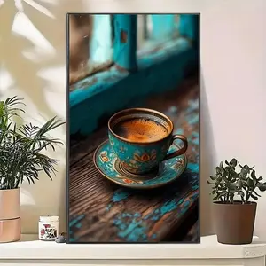 Vintage Coffee Cup Pattern DIY Diamond Arts Colorful Painting Kit without Frame, DIY 5D Diamond Arts Colorful Painting Kit, Wall Art Decor for Home Living Room Bedroom