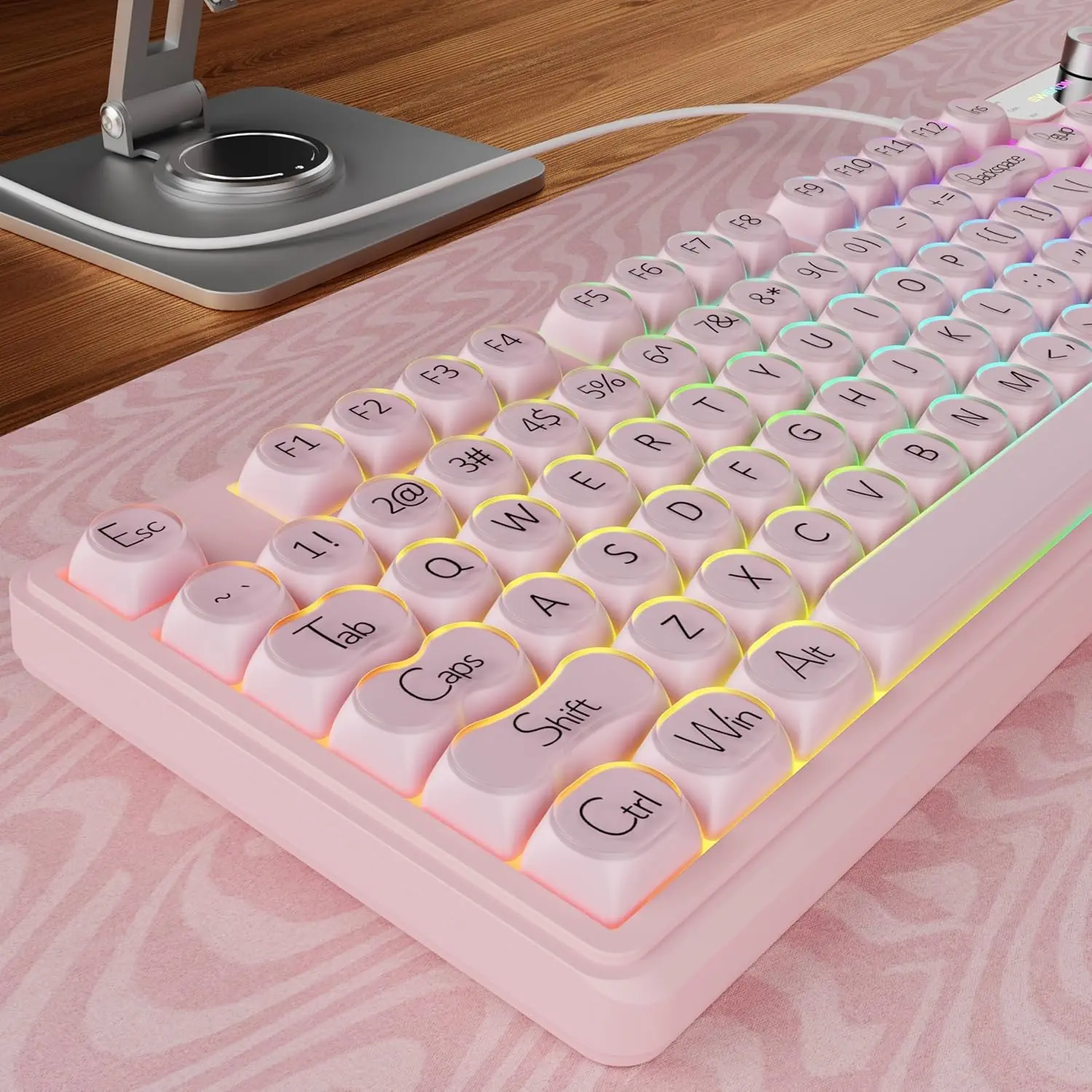 V102 Wired Keyboard, 98  Creamy Gaming Keyboard with Number Pad, Display Screen & Media Knob RGB Silent Wired Cute  Keyboard for Laptop PC Gamer -