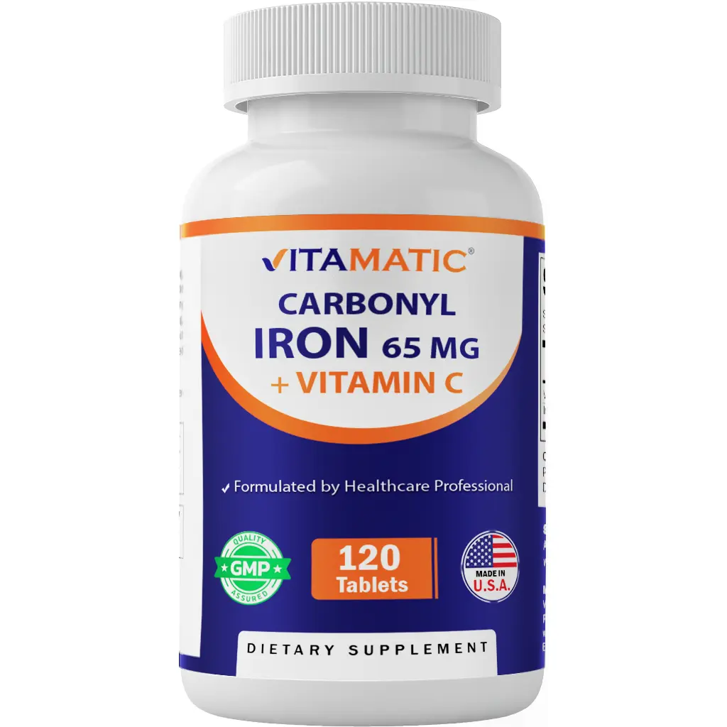 Vitamatic 65 mg Carbonyl Iron with Vitamin C Tablets - Dairy-Free, Gentle Mineral Supplement for High Absorption, Youth, Body Health, Daily Supplemental Nutrition Support - 120 Tabs