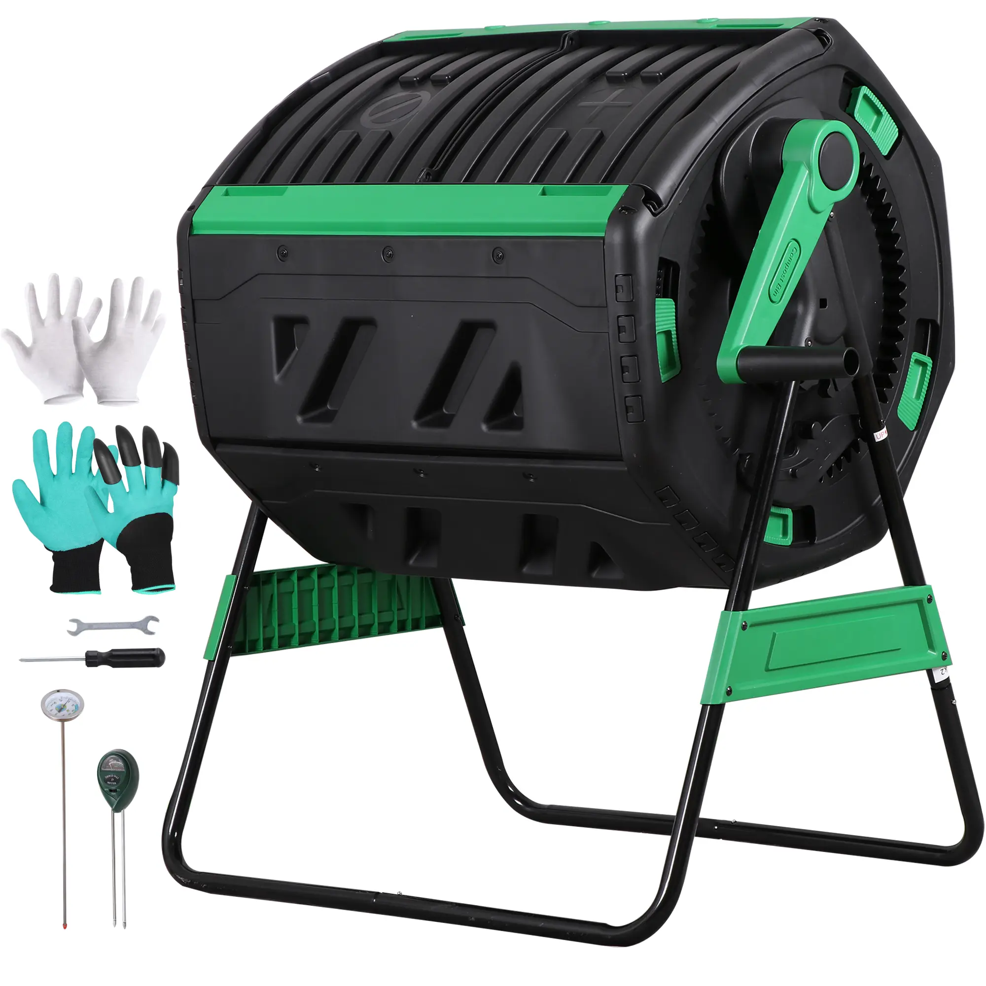 Segawe 53gal BPA-Free Plastic Composting Tumbler - Dual Chamber Compost Bin with Thermometer, 3-in-1 Soil Mtr, Sliding Doors, Steel Set for Outdoor Garden Decomposition