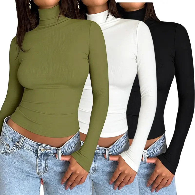 Women's Crewneck & Turtleneck 3 Pack Crop Tops - Long Sleeve Slim Fit, Y2K Korean Style Basic, Minimalist Layering Shirts for Casual Everyday Wear