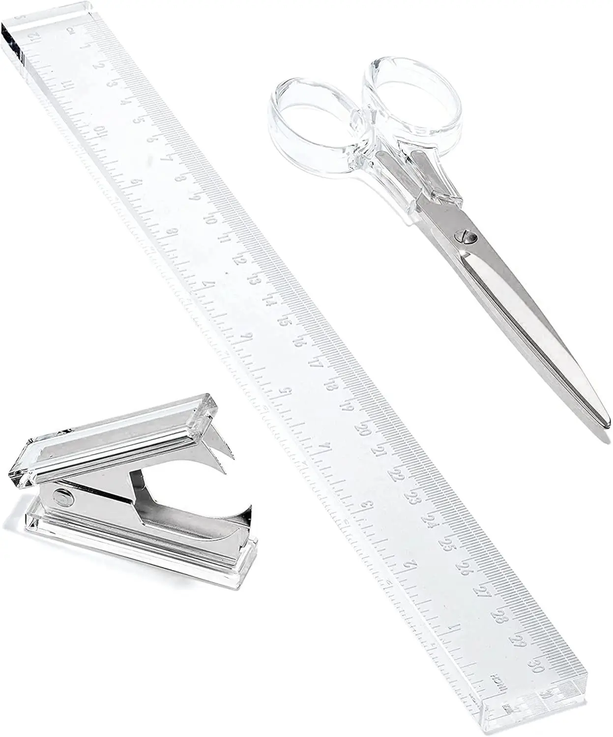 3 Piece Acrylic Desk Set - Includes Ruler, Staple Remover, Scissors - Functional & Elegant Desk Accessories - Stationary Tools for Home, Office, and School - Silver