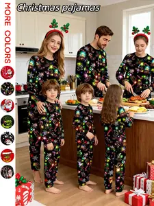 Family Matching Pajamas Set, Cartoon Glitter Print Top, Striped Plaid Sleepwear for Men Women Kids, Casual Home Wear