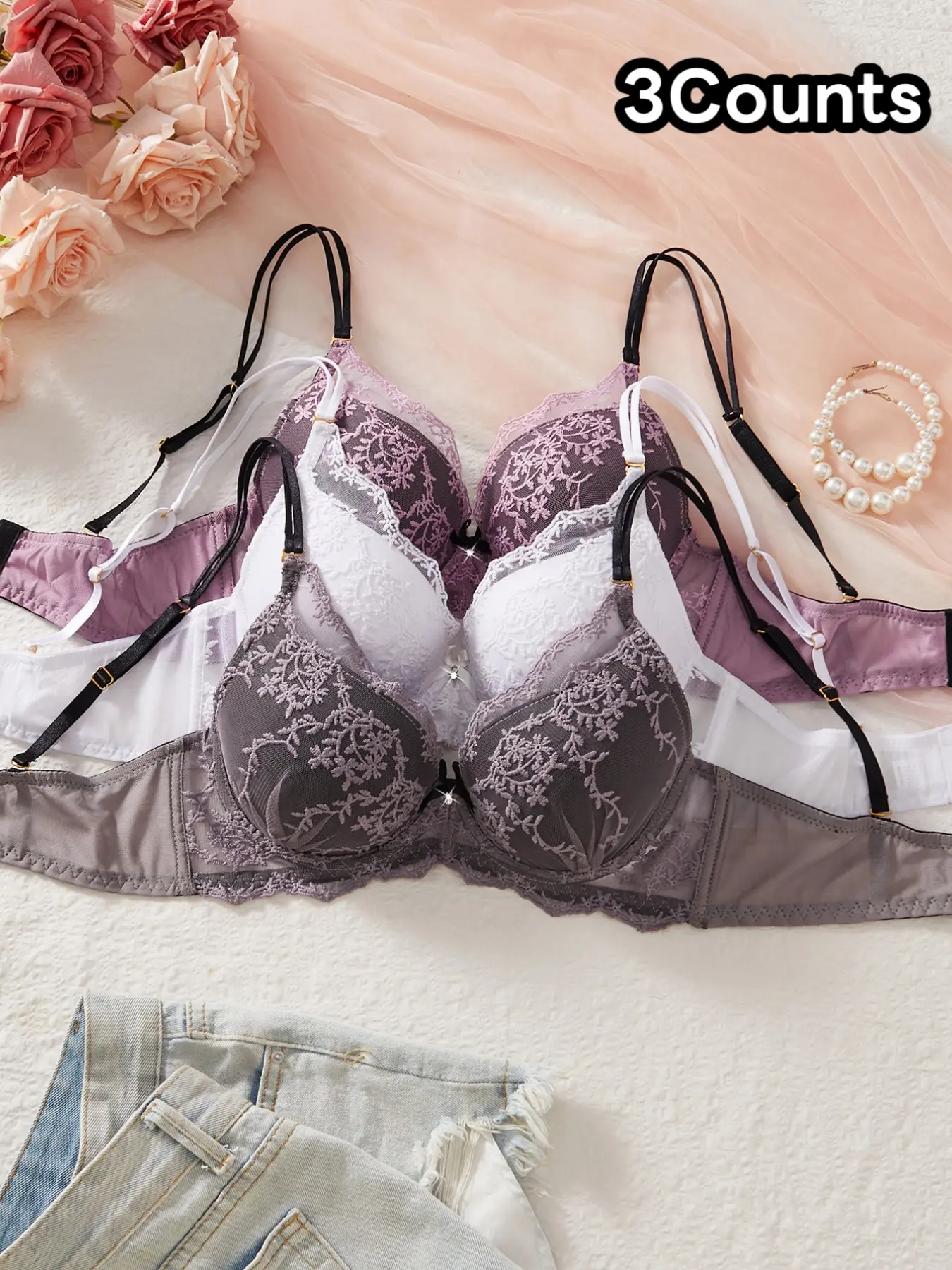 Women's Floral Lace Lingerie Bras 3-Pack, Push-Up Padded Underwire Design, Medium, Adjustable Straps & Comfortable Everyday Wear