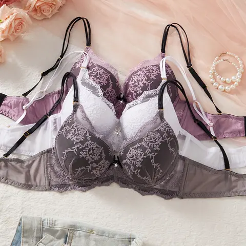 Women's Floral Lace Lingerie Bras 3-Pack, Push-Up Padded Underwire Design, Fit, Medium, Adjustable Straps & Comfortable Everyday Wear, Intimate Bra