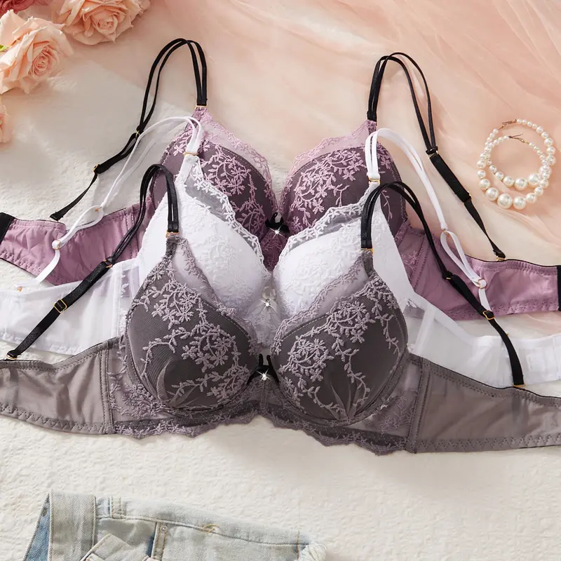 Women's Floral Lace Lingerie Bras 3-Pack, Push-Up Padded Underwire Design, Fit, Medium, Adjustable Straps & Comfortable Everyday Wear, Intimate Bra