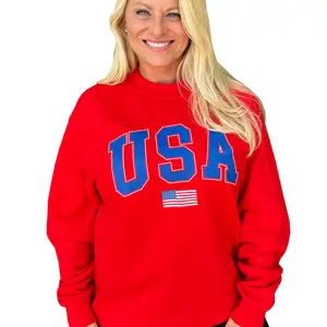 USA Crewneck Fleece – Unisex Red Patriotic American Flag Tee for Men and Women – Made in USA – Crewneck Long Sleeve – 100% Cotton 4th of July Shirt – Sizes S-XXXL