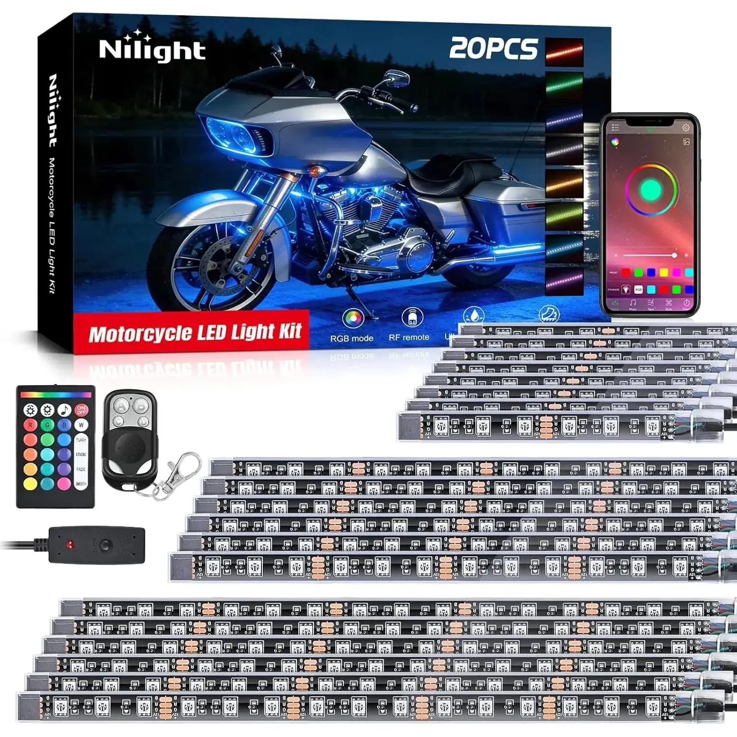 Nilight 20PCS Motorcycle RGB LED Light Kit, Waterproof Multi-Color Atmosphere Neon Accent Lights, APP & Remote Control Underbody Strips for Harley Davidson, Honda, Led Lights