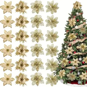 Sparkling Artificial Flowers with Clips, 24pcs Fabric Poinsettias for Christmas Tree & Wreath Decoration, Perfect for Holiday Ornaments, Decorative Items, Party Decoration Supplies