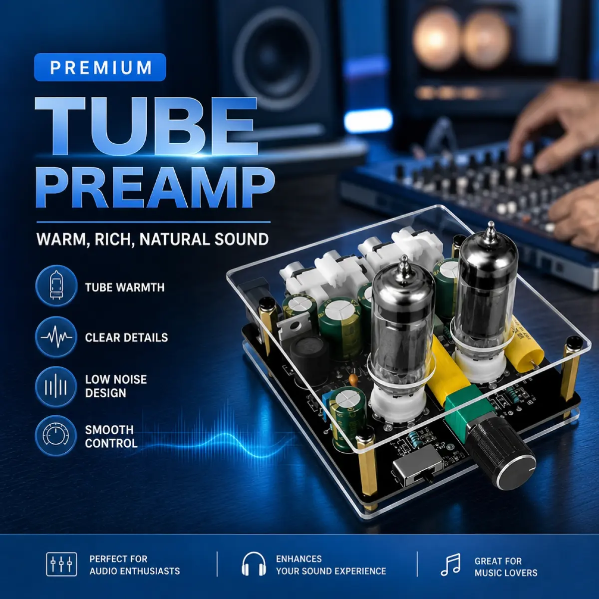 HiFi Vacuum Tube Preamp – Warm, Clear Sound with 3-Way Adjustable Fidelity, Audiophile Preamplifier for Active Speakers