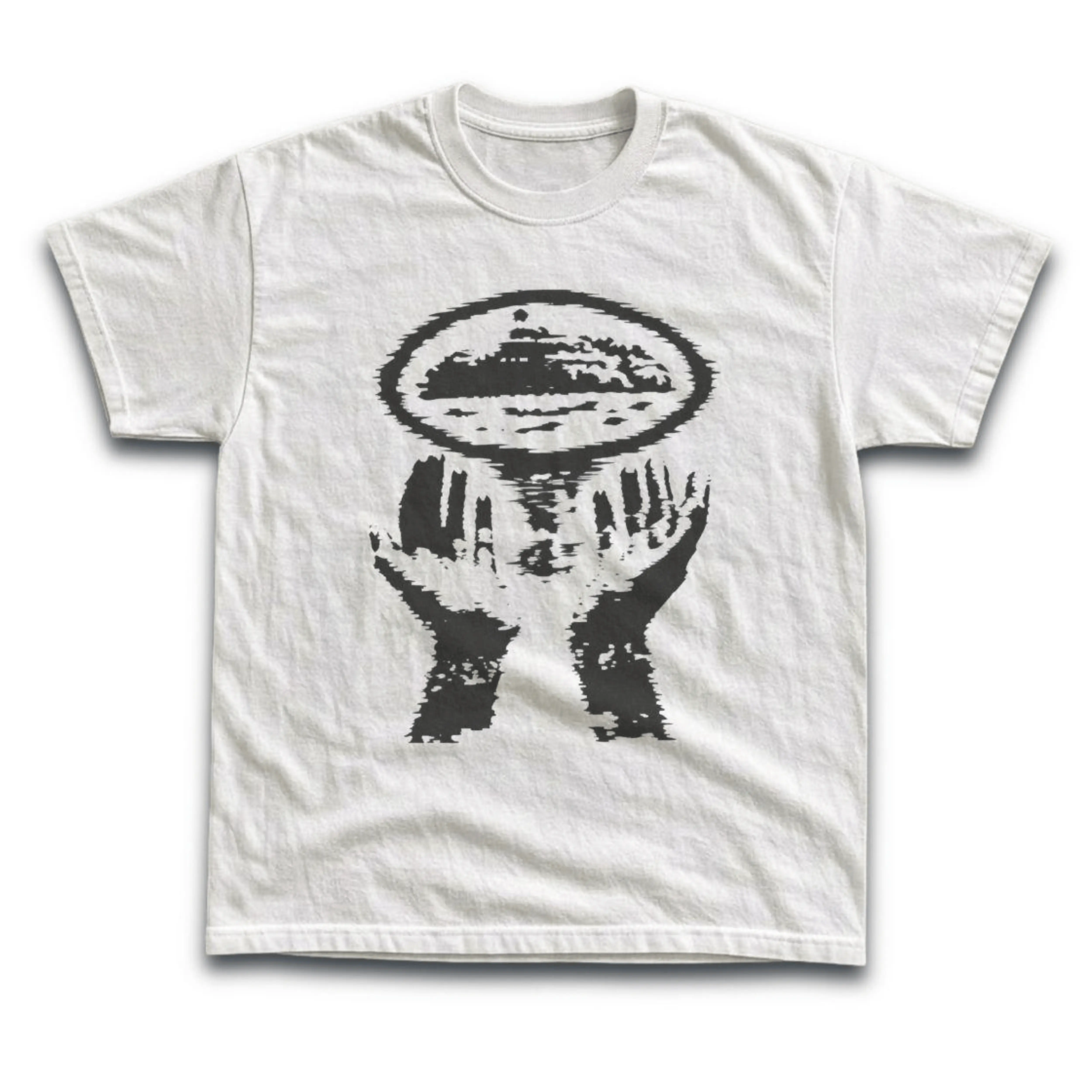 Gildan Men's and Women's T-Shirt, Vintage Inspired Surreal Graphic Tee, Y2K Grunge Streetwear Shirt, Abstract Hands Island Tops, Edgy Alt Indie Aesthetic Apparel, Retro Mysterious Art Clothes, Vintage Gift Tees