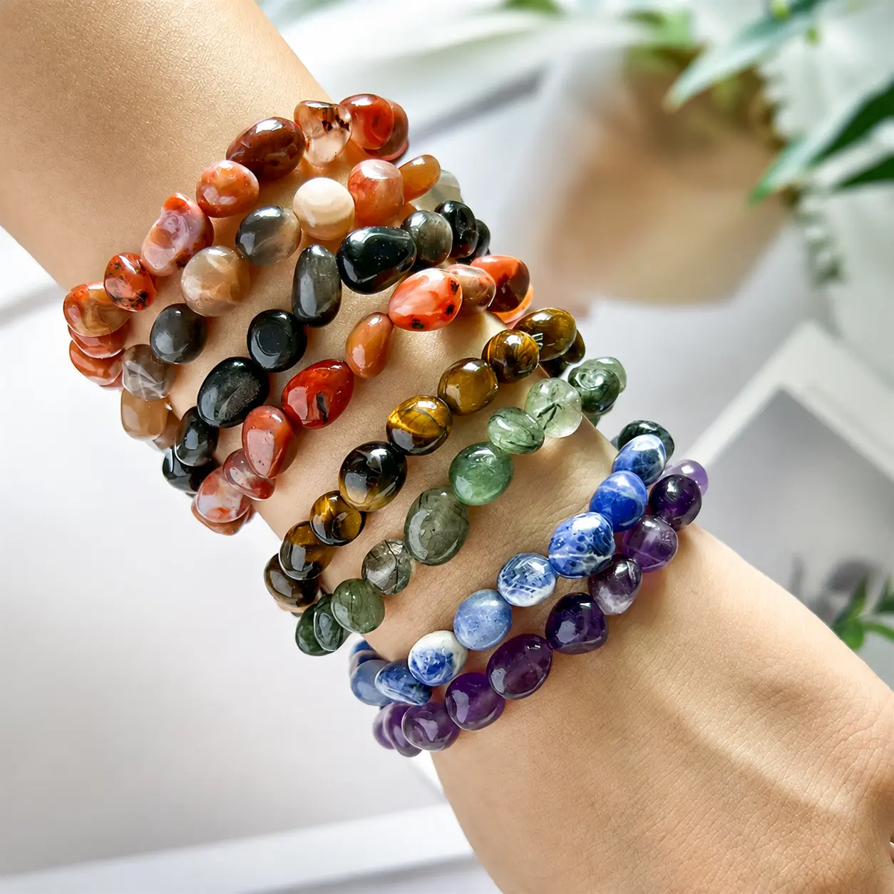 Tumbled Natural Gemstone Nugget Stretch Bracelet, Irregular Smooth Stone Beads, Colorful Stackable Crystal Jewelry, Unisex Boho Minimalist Accessory, 7.48" Everyday Spiritual Protection Gift for Her & Him
