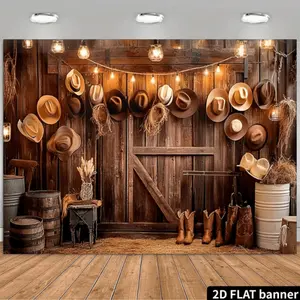 2D Western Cowboy Style Backdrop with a Wooden Barn Door, Hanging Cowboy Hat, Hay Stacks, Wooden Barrel, Metal Bucket, Cowboy Boots, Decorative String Lights, Hay, Vintage Small Table, Glass Jars, and a Dark