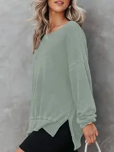 Women's Lightweight Waffle Knit Top, Loose Design, Drop Shoulder Long Sleeve, Round Neck, Casual Daily Wear, Fashion Style, Knitwear