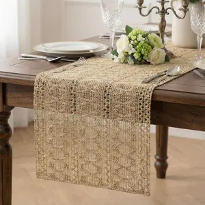 Burlap Boho Table Runner Farmhouse Rustic Jute Macrame Woven Dining Table Runner for Bedroom Dresser Kitchen  Decor(Brown, 12x72 in)