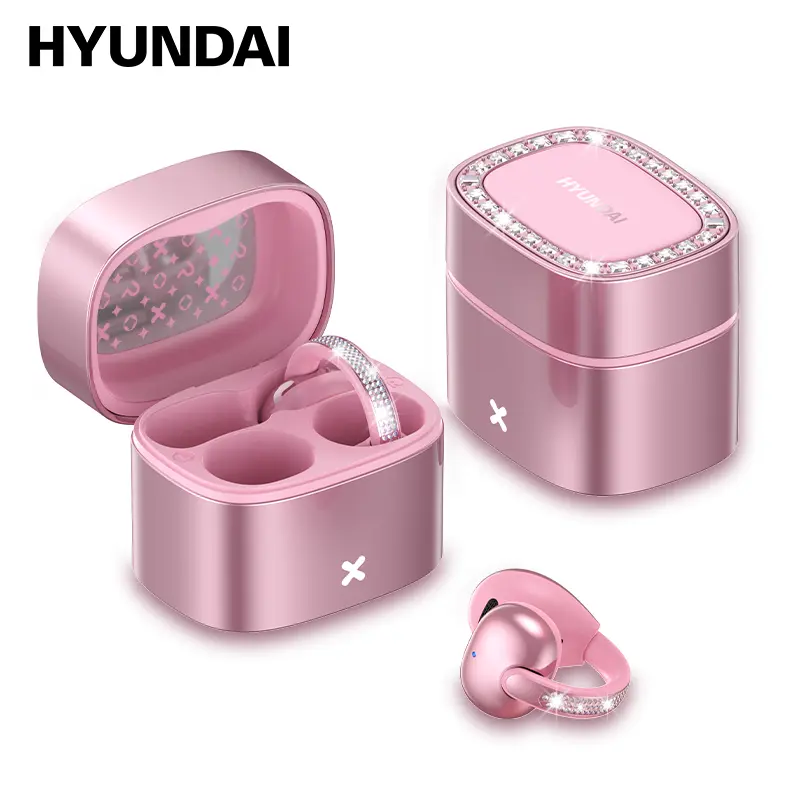 HYUNDAI C05 Fashion Clip-On Wireless Headphones with Bluetooth 6.0, OWS Open-Ear Air Conduction, Luxury Pink Diamond Jewelry Design, Lightweight & Comfortable Fit, Stylish Earbuds for Women & Girls, Ideal Gift, Compatible with Android & iOS