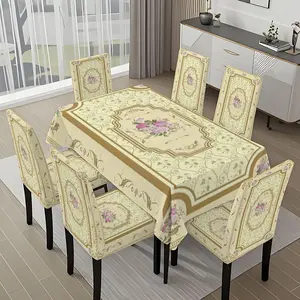 5/7-piece 2D Flat Printing Beige Floral Decorative Carpet Printing Pattern Tablecloth and Dining Chair Slipcover Chair Cover Set, for dining table and chair decoration, perfect for home, holiday gatherings, restaurants, and parties.