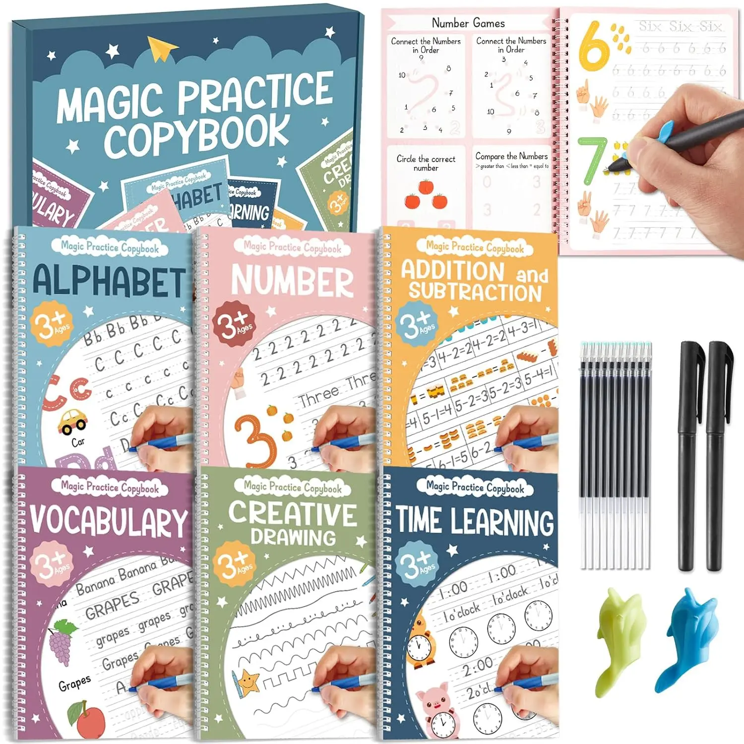 6 Pieces Magic Grooved Writing Practice Copybook with Disappearing Ink Pens Reusable Grooved Handwriting Workbook Letter Tracing Books for Kids Kindergarten Preschool Supplies
