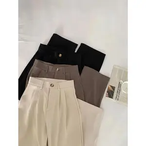 3pcs Women's Elegant Straight-Leg Button-Up Trousers - Office & Casual Pants in Black, Beige, Brown | Polyester-Spandex Blend, Machine Washable, Non-Stretch, All-Season Versatile Wear, Professional Attire | Easycare Clothing