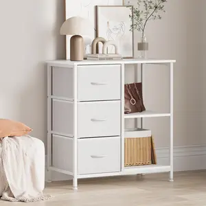 Garvee 3 Drawer File Cabinet, Printer Stand with 2 Open Storage Shelves, Fabric Filing Cabinet Under Desk Office Organizer for Home Office, Modern Storage Solution, White