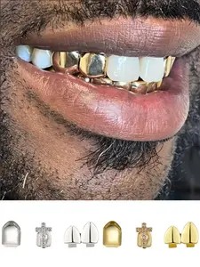 3Pcs Men's Top Teeth Grillz Set, Teeth Cover, Micro Paved Zircon Cross Design & Smooth Finish, 14k Gold Plated Copper Hip Hop Fashion Jewelry