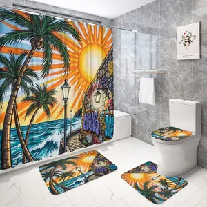 Street Graffiti Vacation Curtain Set, Includes Toilet Mat, Bathroom Mat, U-Shaped Pad, Hooks, Essential Home Decor Accessories