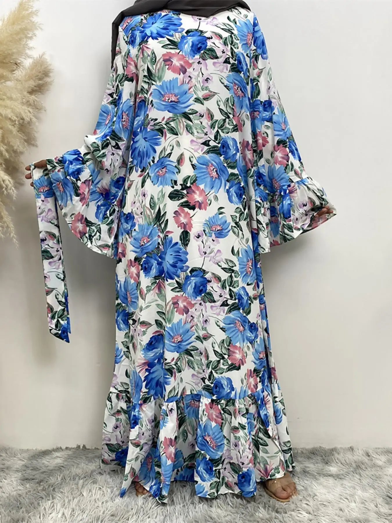 Women's All Over Print Belted Ruffle Hem Flounce Sleeve Dress, Modest Long Sleeve Maxi Dress for Spring & Fall, Women's Islamic Clothing for Daily Wea