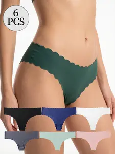 6-pack of women's low-waisted seamless thong underwear, ultra-soft and breathable V-shaped underwear, fan-shaped cut, suitable for fitness and daily wear