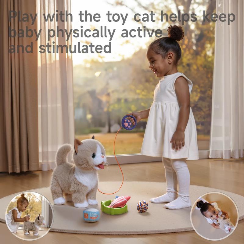 Interactive Plush Toy Cat for Kids, Walking Talking Plush with Leash Wags Tail Pretend Dress Up Emotional Development Christmas Gift for Toddlers Kids