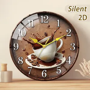 Large Glass Wood Wall Clock, Coffee Cup and Beans Design, Battery Operated, Modern Style, Home Decor, Kitchen Office Cafe Gift, Decoration Items
