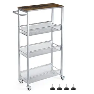 Slim Rolling Cart, Narrow Cart with Wood Top, 7.3'' Deep, Metal Handle and Wire Mesh Kitchen Cart for Narrow Space on Kitchen, Bathroom, Silver.